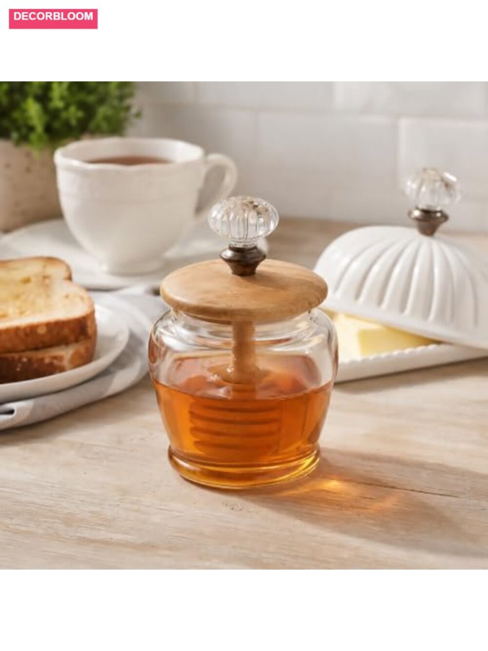 Glass Honey Jar with Mango Wood Dipper Lid - Kitchen Canning Storage - Picture 3 of 6